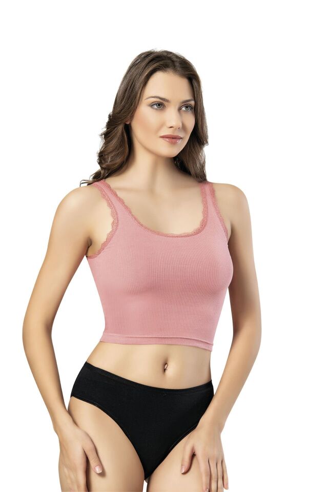 Kota 6438 Bayan Kaşkorse Tırnak Dantelli Geniş Askılı Crop
