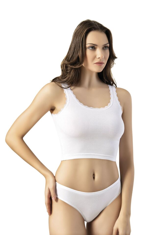 Kota 6438 Bayan Kaşkorse Tırnak Dantelli Geniş Askılı Crop