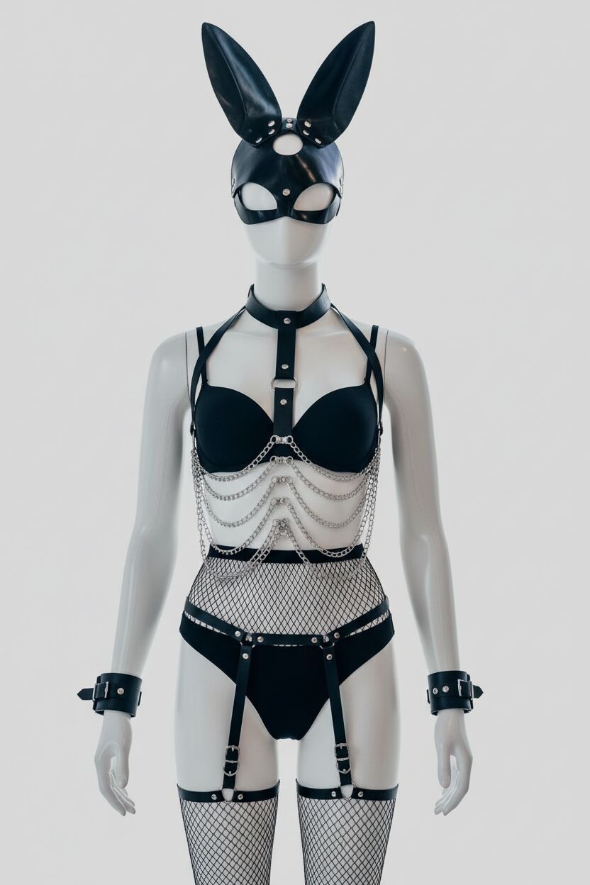 Arias Closet Tavşan Maskeli, Fantezi Kelepçeli Zincirli Harness Tavşan Kostümü