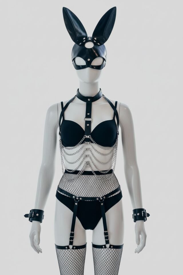 Arias Closet Tavşan Maskeli, Fantezi Kelepçeli Zincirli Harness Tavşan Kostümü