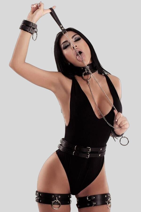 Arias Closet Siyah Fantezi Kelepçe Ve Tasmalı Kalça Harnessli Set