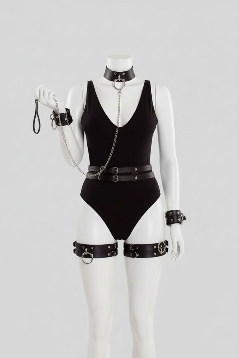 Arias Closet Siyah Fantezi Kelepçe Ve Tasmalı Kalça Harnessli Set