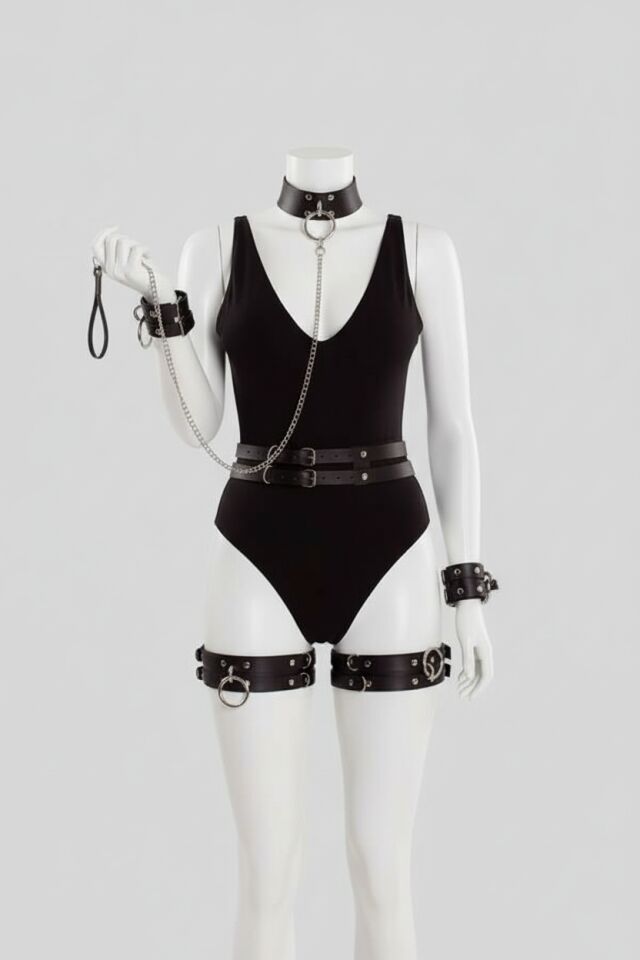 Arias Closet Siyah Fantezi Kelepçe Ve Tasmalı Kalça Harnessli Set