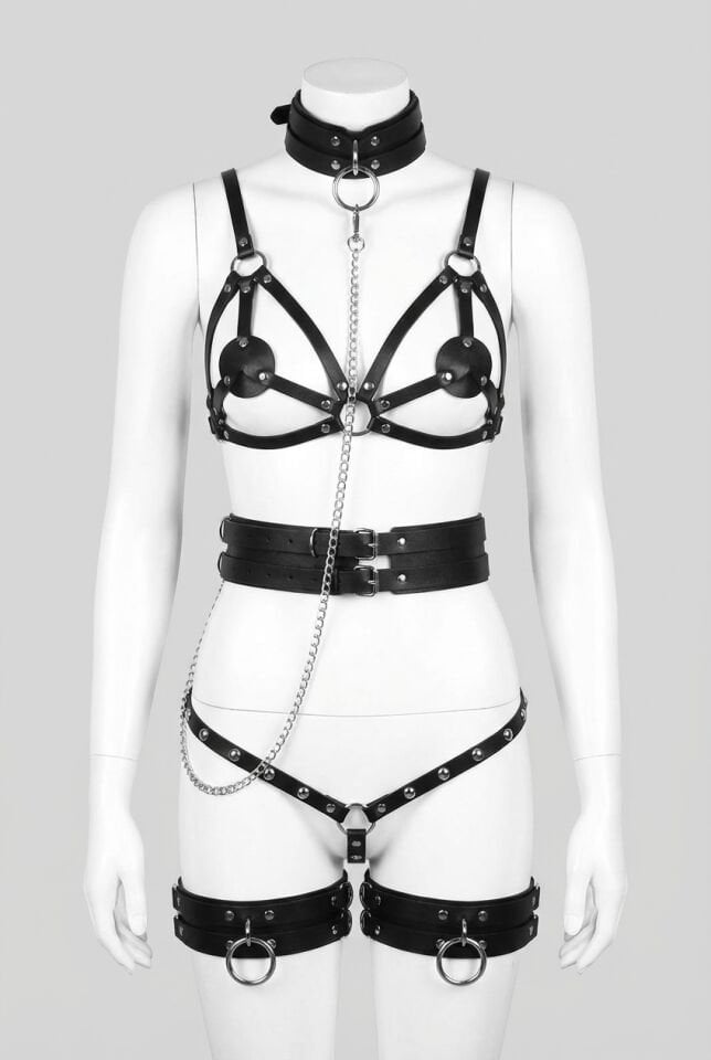 Siyah Fantezi Kelepçe Ve Tasmalı Kalça Harnessli Sütyenli Set