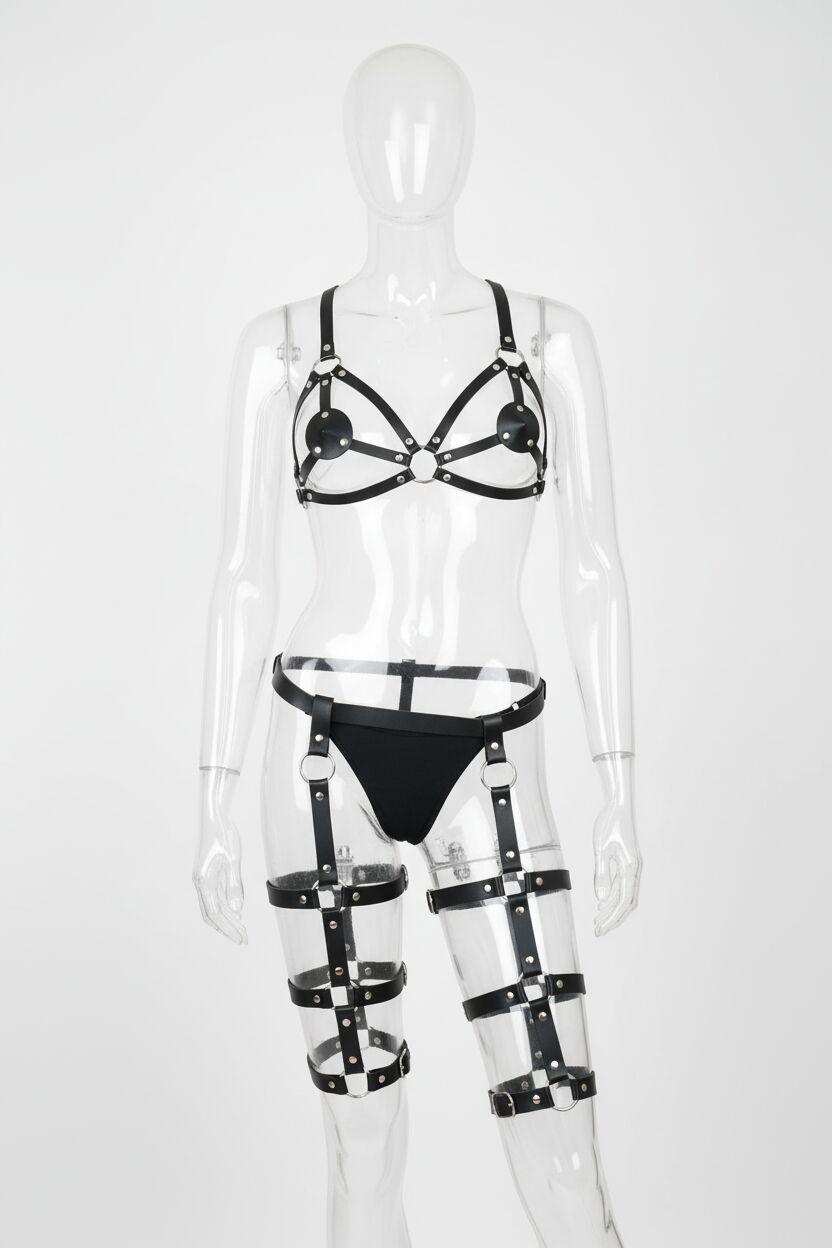 Arias Closet Siyah Sütyen ve Kalça Bacak Harnessli Set