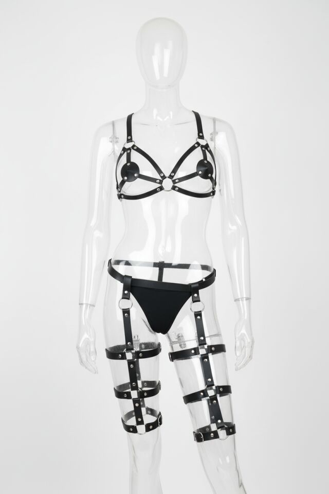 Arias Closet Siyah Sütyen ve Kalça Bacak Harnessli Set