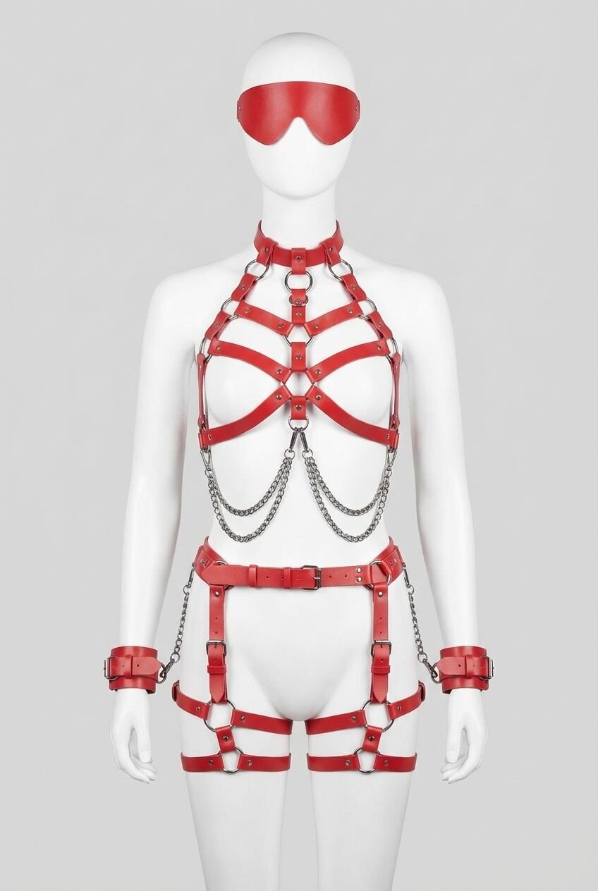 Kırmızı Fantezi Kelepçeli Harness Göz Bantlı Set