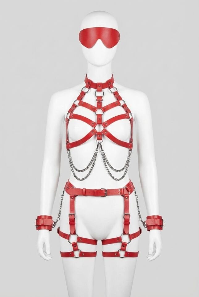 Kırmızı Fantezi Kelepçeli Harness Göz Bantlı Set