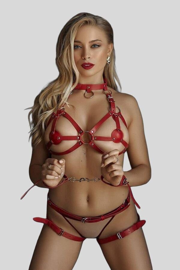 Fantezi Sütyen Külot Kelepçeli Kırmızı Harness Set