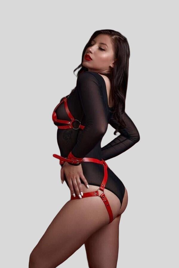 Arias Closet Fantezi Sütyen Külot Kelepçeli Kırmızı Harness Set