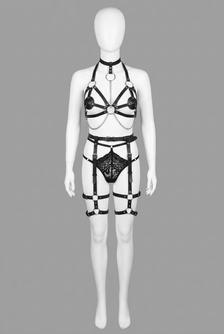 Fantezi Tasmalı Kedi Maskeli Siyah Harness Set