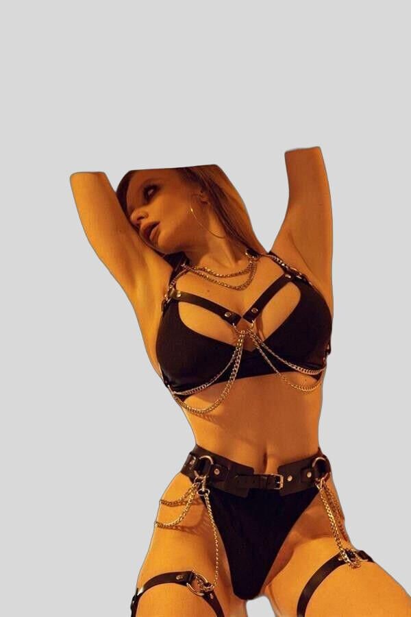 Arias Closet Zincirli Fantezi Harness Sütyen Takım