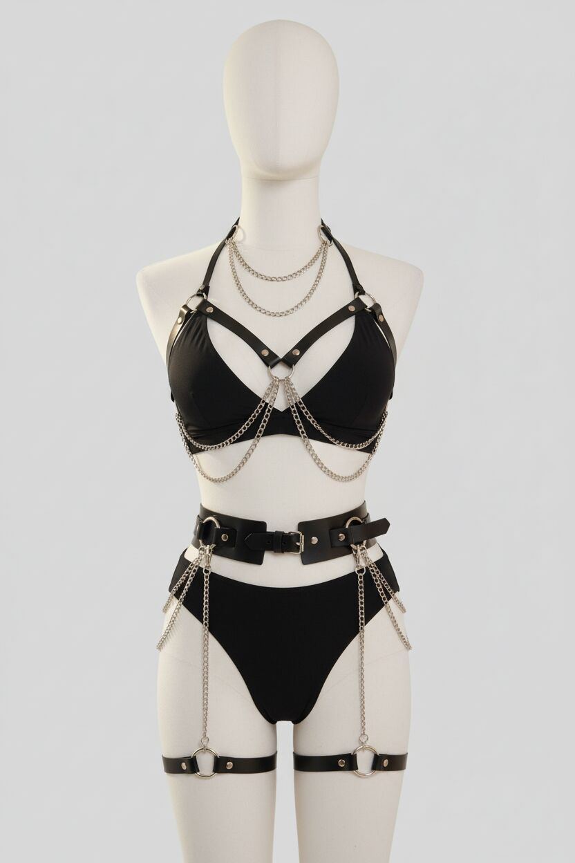 Arias Closet Zincirli Fantezi Harness Sütyen Takım