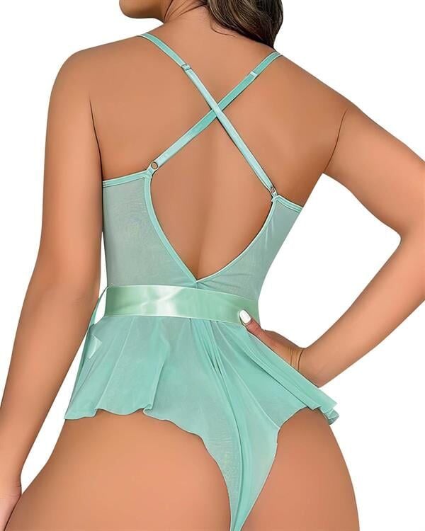 Arias Closet Yeşil Dantel İşlemeli Kurdelalı Fantezi Tül Babydoll