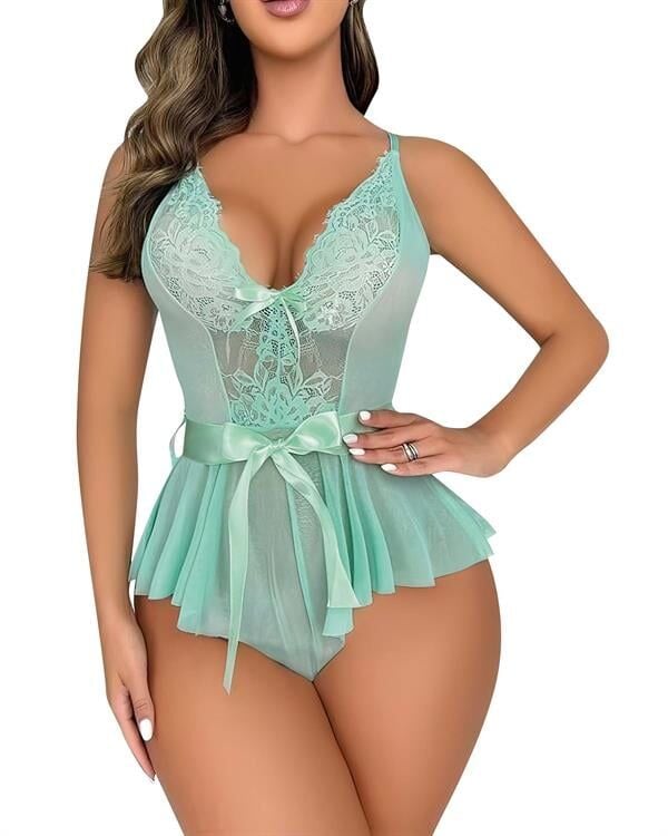 Arias Closet Yeşil Dantel İşlemeli Kurdelalı Fantezi Tül Babydoll