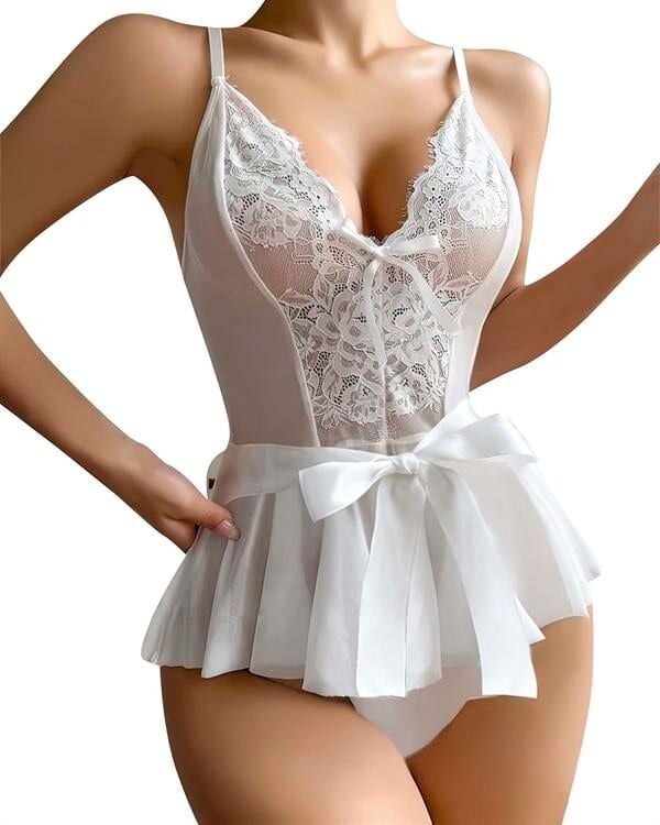 Arias Closet Beyaz Dantel İşlemeli Kurdelalı Fantezi Tül Babydoll