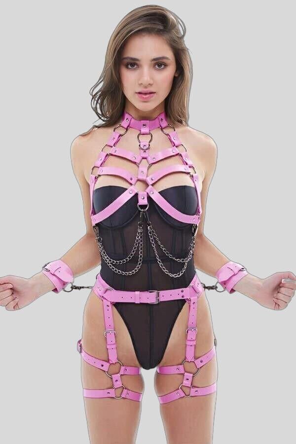 Fantezi Kelepçeli Pembe Harness Set