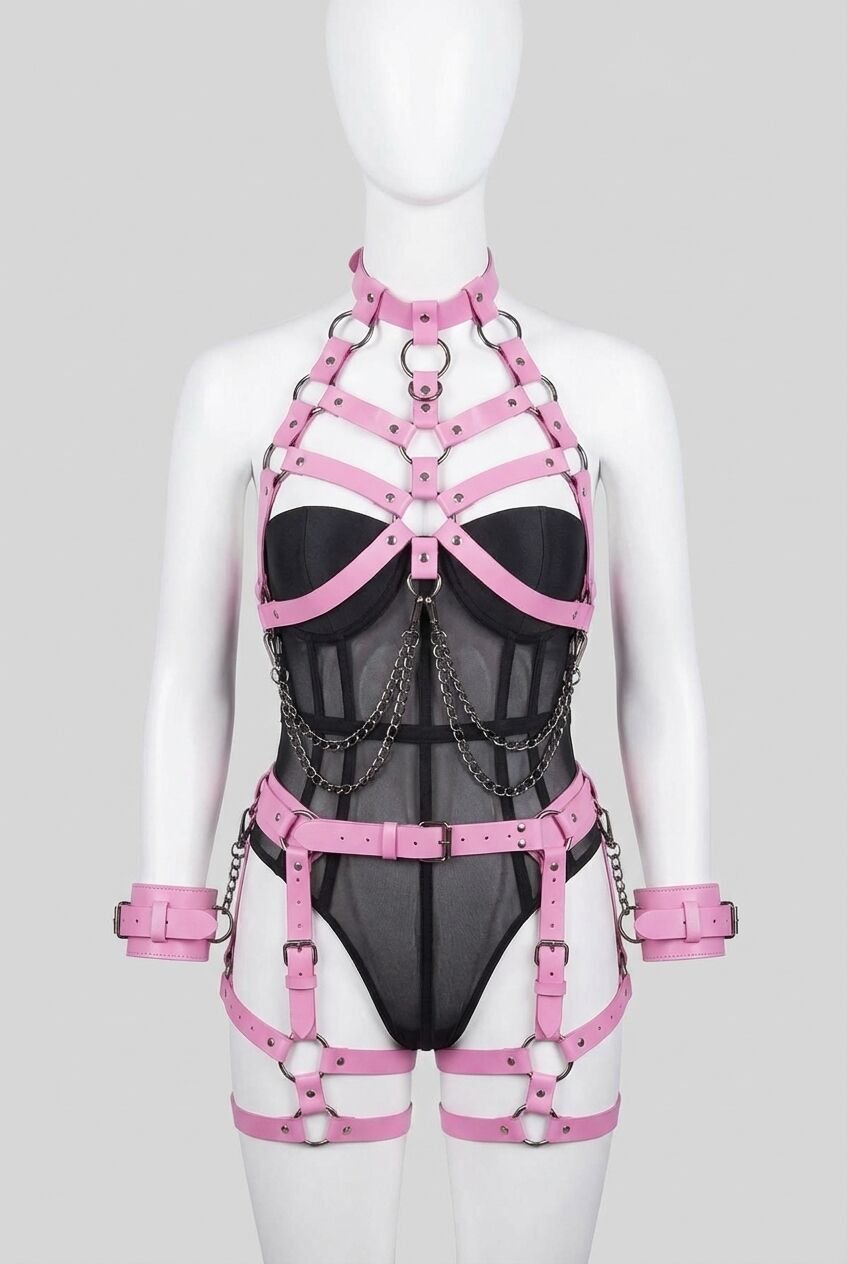 Fantezi Kelepçeli Pembe Harness Set