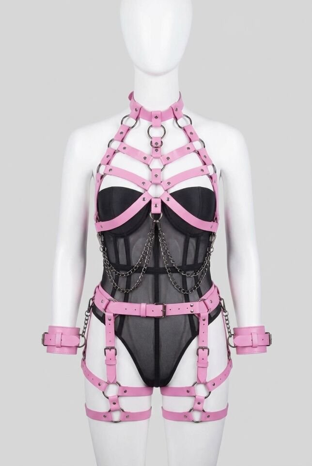 Fantezi Kelepçeli Pembe Harness Set