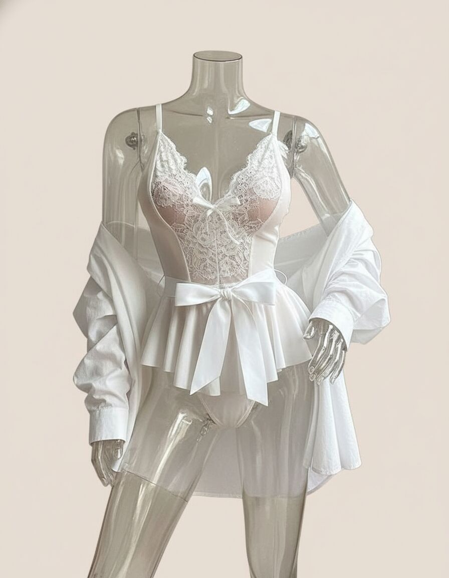 Beyaz Dantel İşlemeli Kurdelalı Fantezi Tül Babydoll