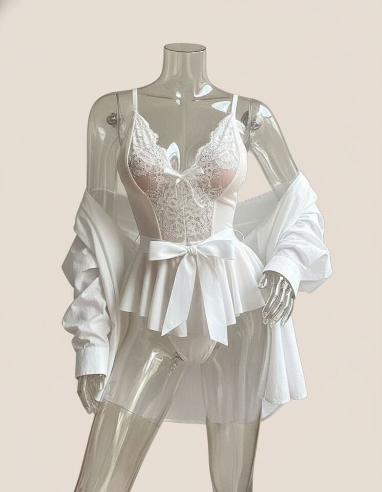 Arias Closet Beyaz Dantel İşlemeli Kurdelalı Fantezi Tül Babydoll