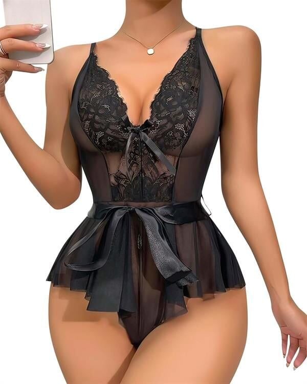 Arias Closet Siyah Dantel İşlemeli Kurdelalı Fantezi Tül Babydoll