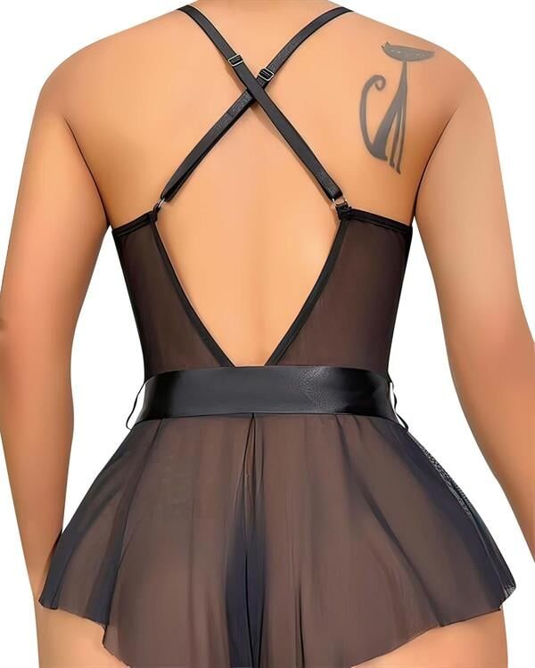Arias Closet Siyah Dantel İşlemeli Kurdelalı Fantezi Tül Babydoll