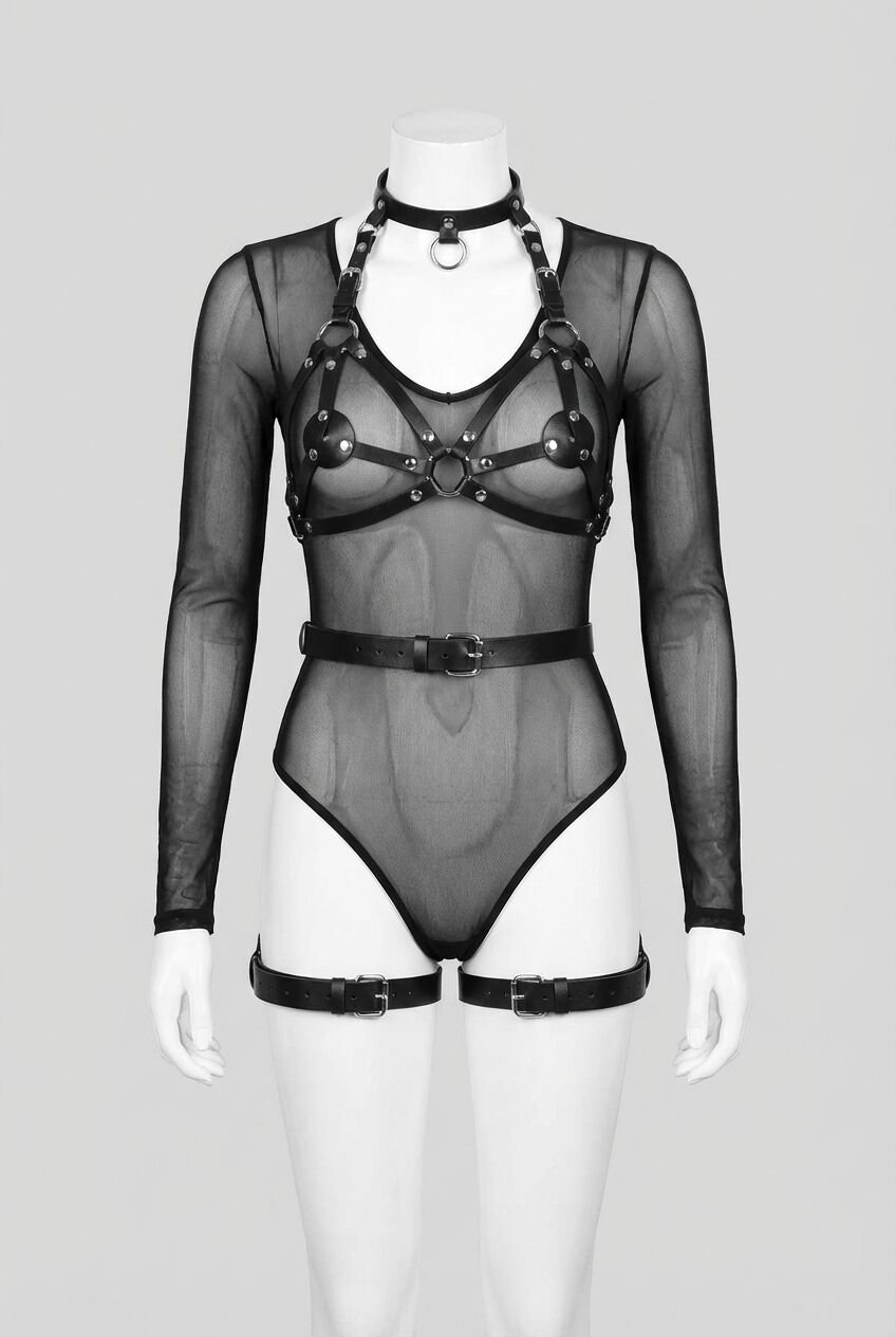 Fantezi Sütyen Külot Kelepçeli Siyah Harness Set