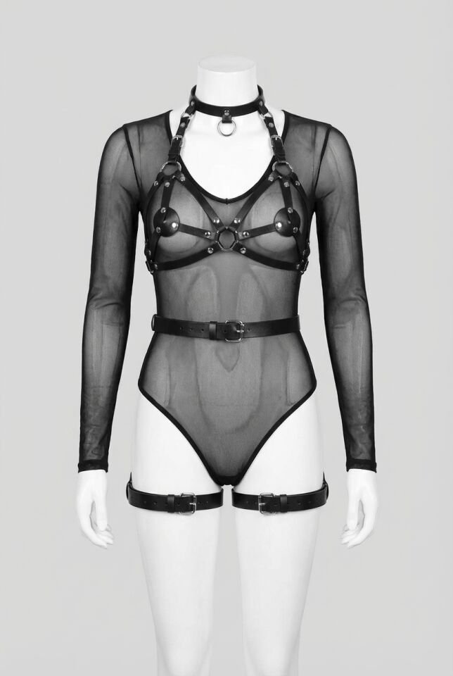 Fantezi Sütyen Külot Kelepçeli Siyah Harness Set