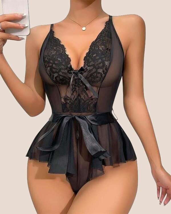 Arias Closet Siyah Dantel İşlemeli Kurdelalı Fantezi Tül Babydoll