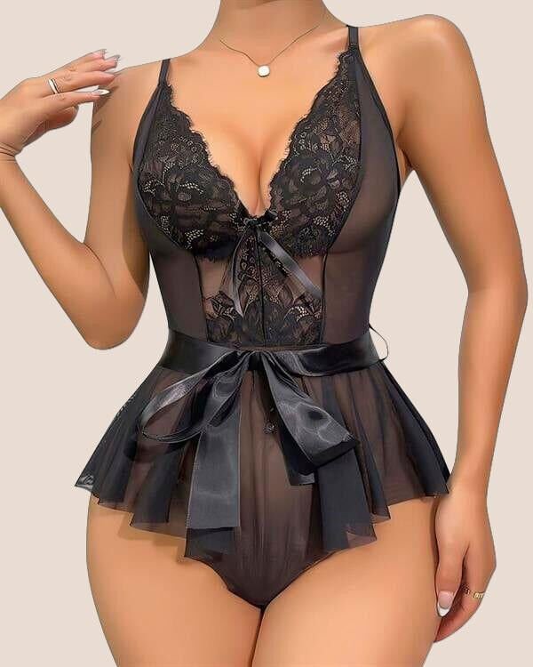 Arias Closet Siyah Dantel İşlemeli Kurdelalı Fantezi Tül Babydoll