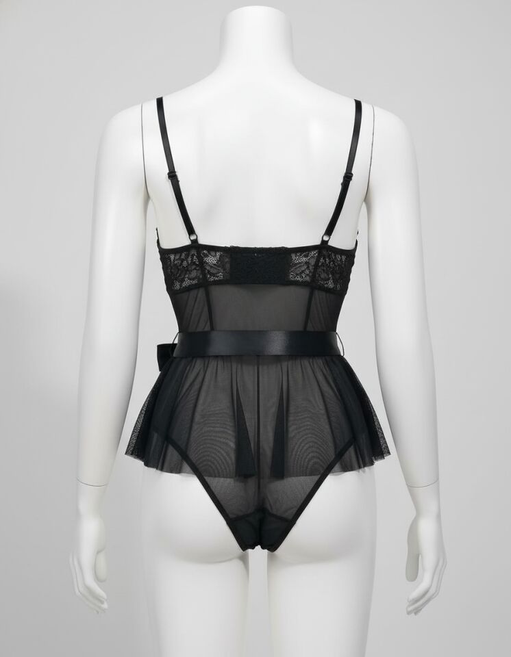 Arias Closet Siyah Dantel İşlemeli Kurdelalı Fantezi Tül Babydoll