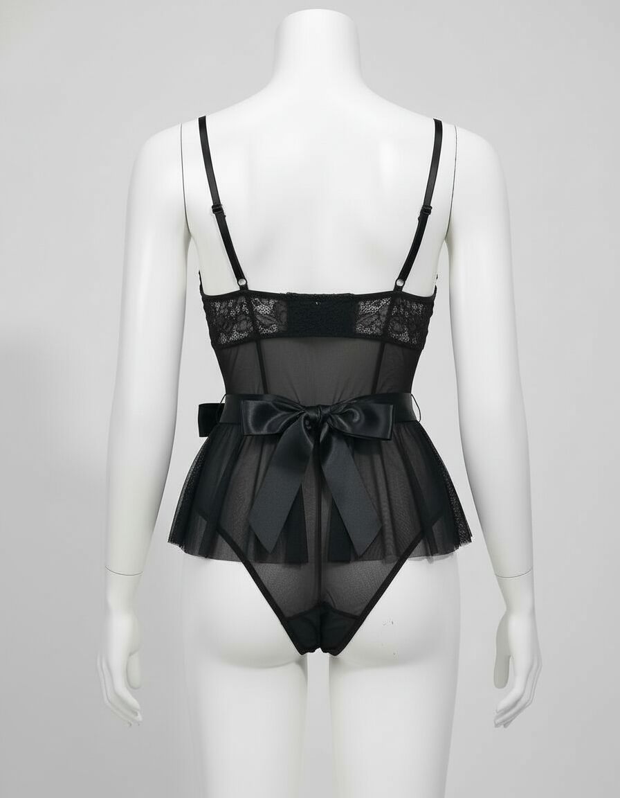 Arias Closet Siyah Dantel İşlemeli Kurdelalı Fantezi Tül Babydoll