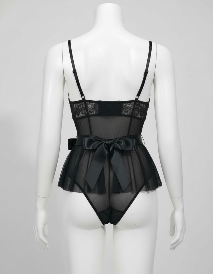 Arias Closet Siyah Dantel İşlemeli Kurdelalı Fantezi Tül Babydoll