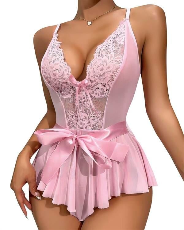 Arias Closet Pembe Dantel İşlemeli Kurdelalı Fantezi Tül Babydoll