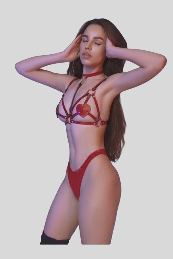 Arias Closet Fantezi Kırmızı Harness Sütyen Kumaş Külot Takımı