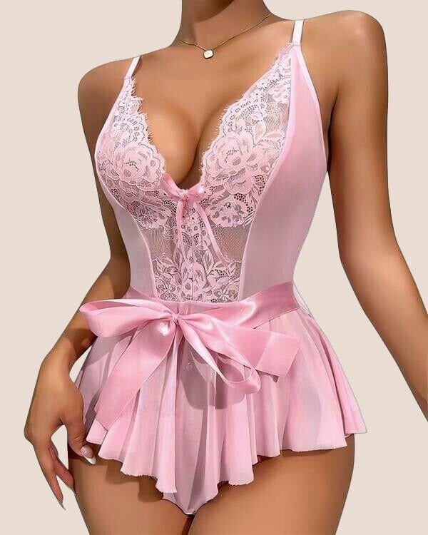 Arias Closet Pembe Dantel İşlemeli Kurdelalı Fantezi Tül Babydoll