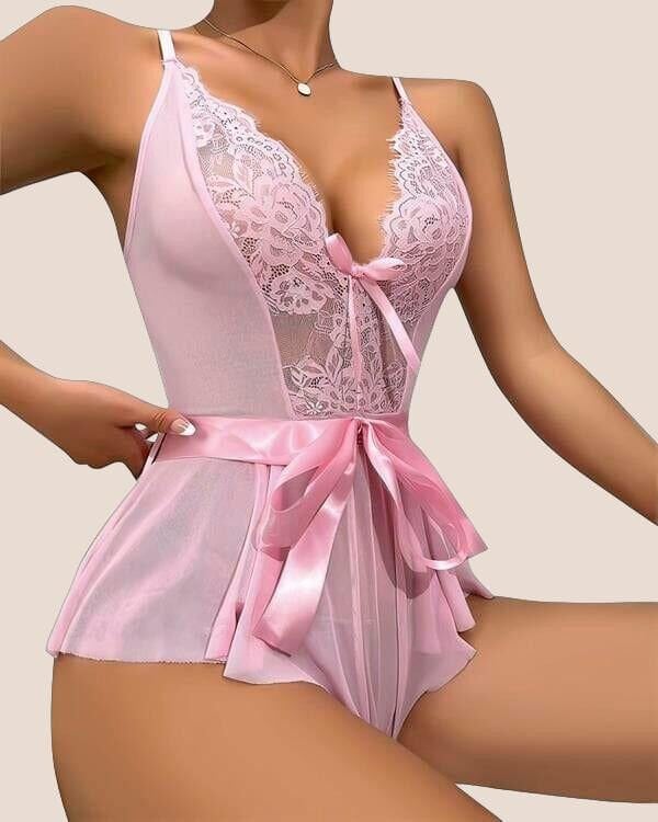 Arias Closet Pembe Dantel İşlemeli Kurdelalı Fantezi Tül Babydoll