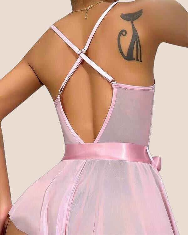 Pembe Dantel İşlemeli Kurdelalı Fantezi Tül Babydoll