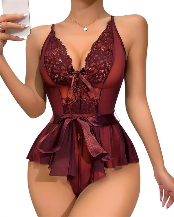 Arias Closet Bordo Dantel İşlemeli Kurdelalı Fantezi Tül Babydoll