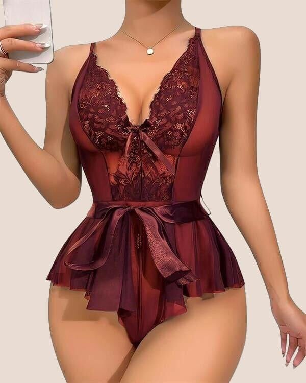 Arias Closet Bordo Dantel İşlemeli Kurdelalı Fantezi Tül Babydoll