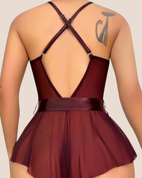 Arias Closet Bordo Dantel İşlemeli Kurdelalı Fantezi Tül Babydoll