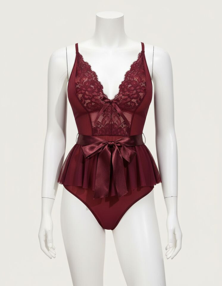 Arias Closet Bordo Dantel İşlemeli Kurdelalı Fantezi Tül Babydoll