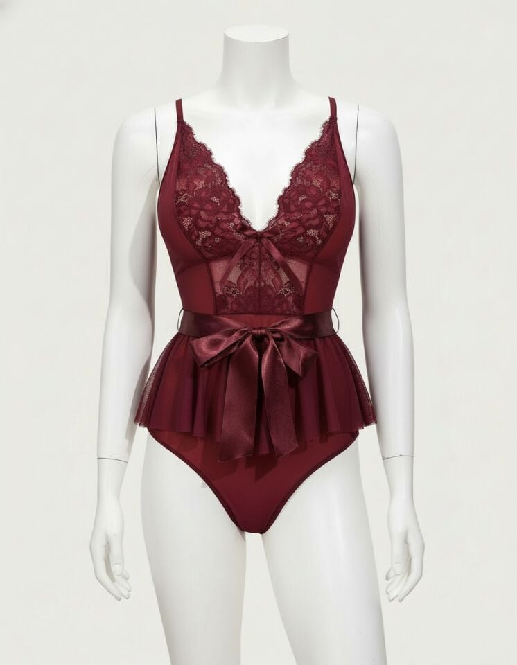 Arias Closet Bordo Dantel İşlemeli Kurdelalı Fantezi Tül Babydoll