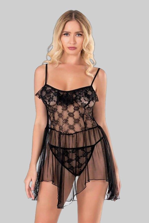 Arias Closet Siyah Kısa Tül Gecelik