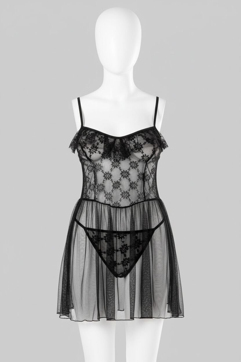 Arias Closet Siyah Kısa Tül Gecelik