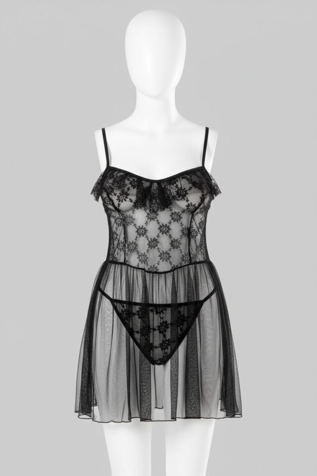 Arias Closet Siyah Kısa Tül Gecelik