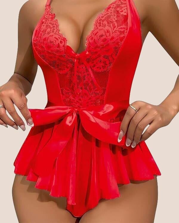 Arias Closet Kırmızı Dantel İşlemeli Kurdelalı Fantezi Tül Babydoll