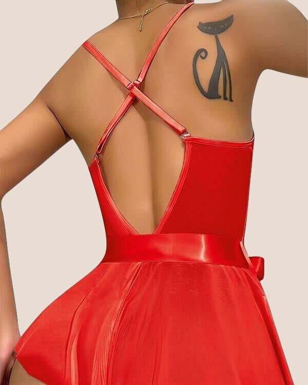 Arias Closet Kırmızı Dantel İşlemeli Kurdelalı Fantezi Tül Babydoll