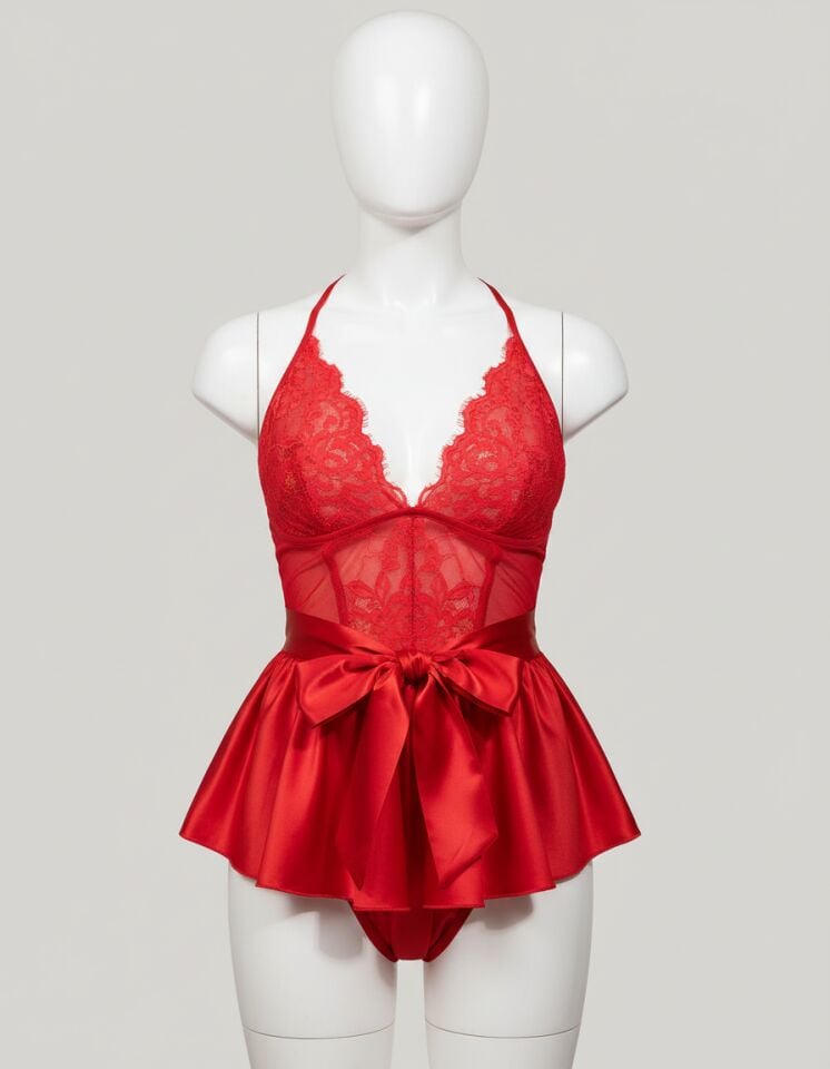 Arias Closet Kırmızı Dantel İşlemeli Kurdelalı Fantezi Tül Babydoll